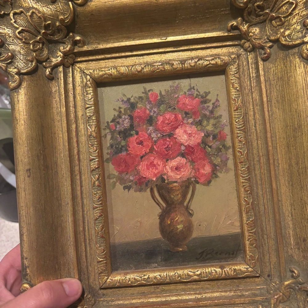 J Bernal Original Oil Painting Floral Roses Ornate Gold Frame Rare Signed Art